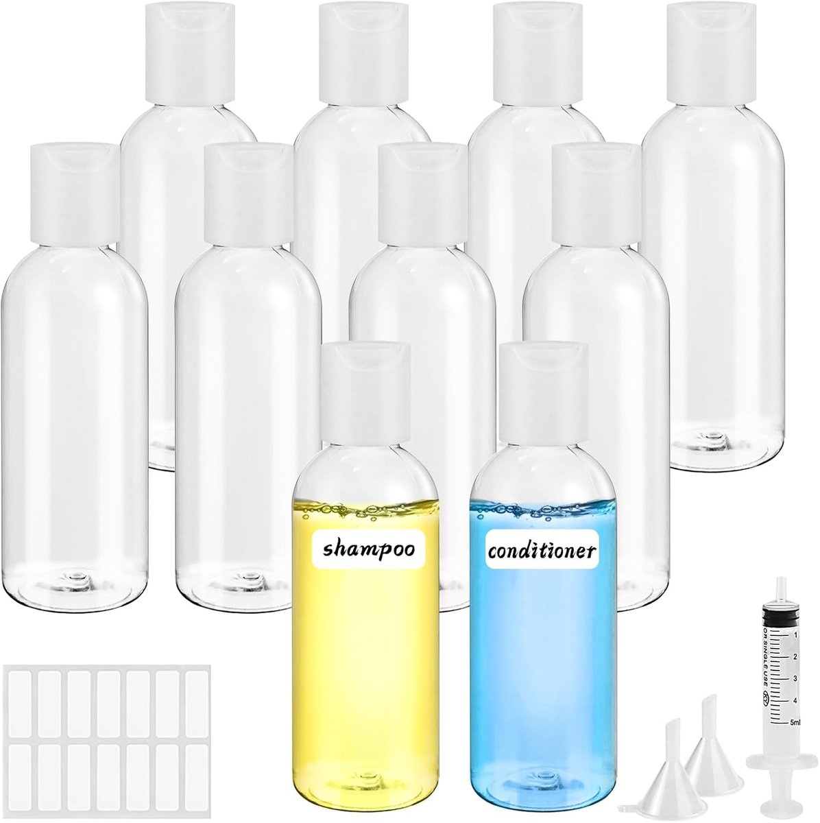 10 stuks reisflessen voor toiletartikelen 80 ml reiscontainers met labels trechter voor toiletartikelen Hervulbare Reisflessen Set navulbare lege cosmetische flessen voor shampoo