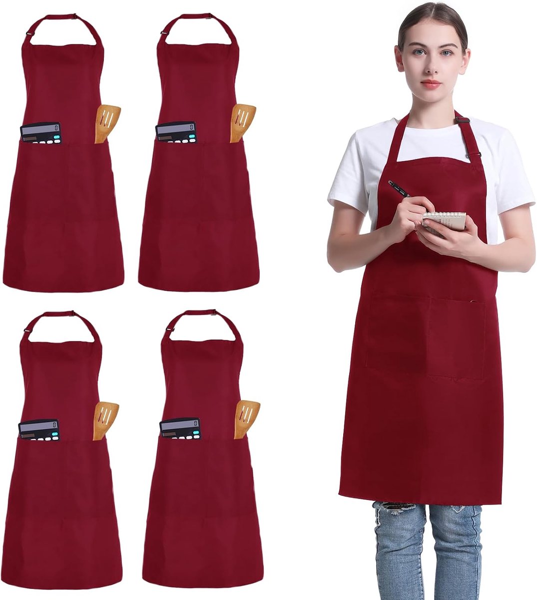 set van 4 stuks, verstelbaar schort met 2 zakken, uniseks, gepersonaliseerd schort voor koken, keuken, restaurant