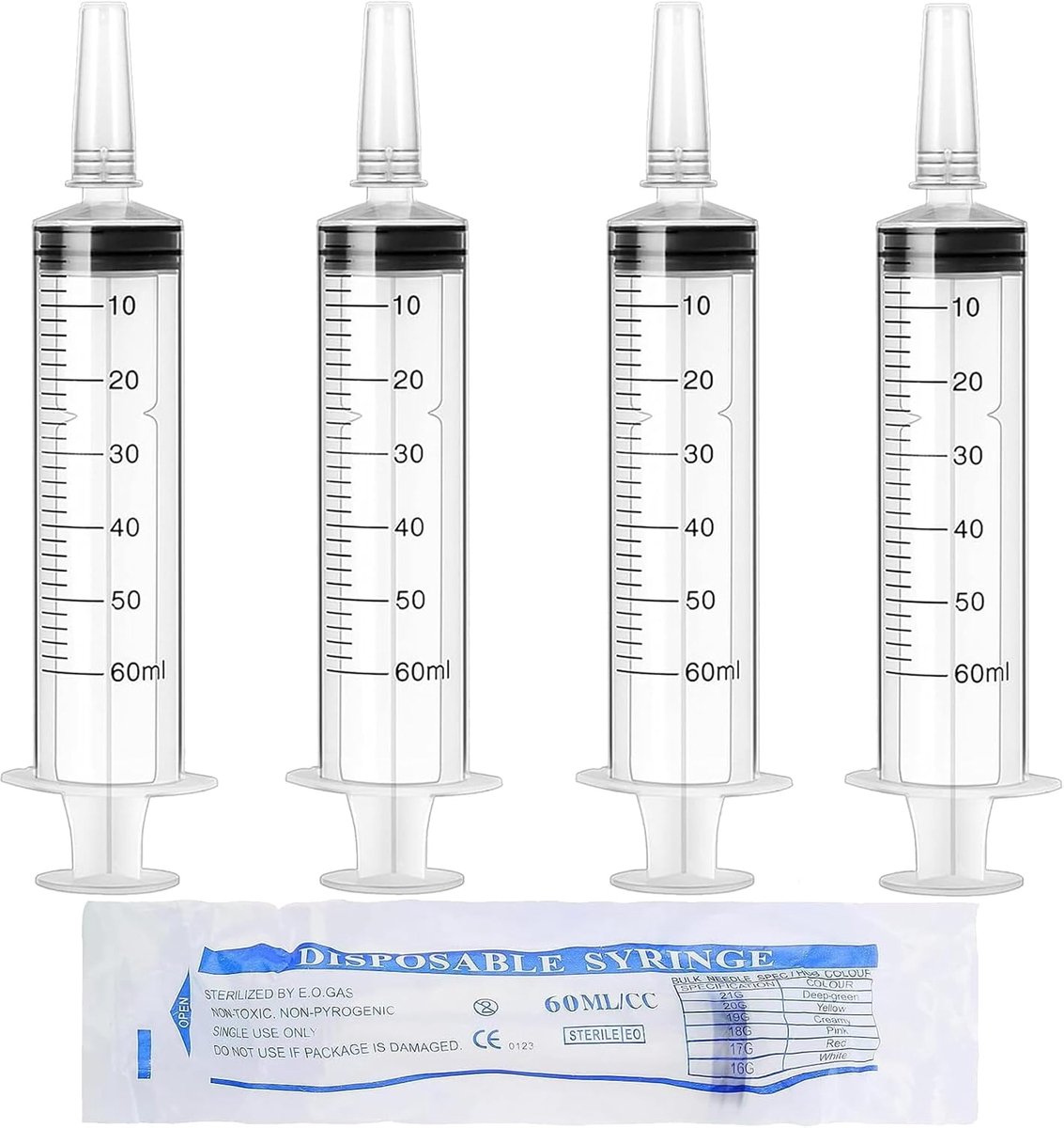 60 ml spuit 4 stuks plastic spuit met dop voor huisdieren individueel verpakte spuiten maatspuit steriel voor laboratoria, voedsel, dosering, water geven