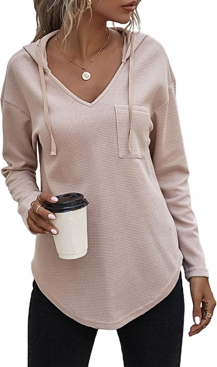 Pullover, dames, hoody, lange mouwen, V-hals, sweatshirt, effen, trekkoord, top