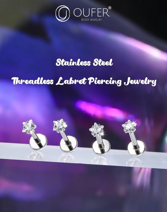 Body Piercing Titanium 18G/16G Labret Studs Lip Stud Medusa Piercing Threadless Labret Bars Push in Cartilage Helix Tragus Piercing Jewellery Flat Back Earring 6mm 8mm for Women Men — afbeelding 2
