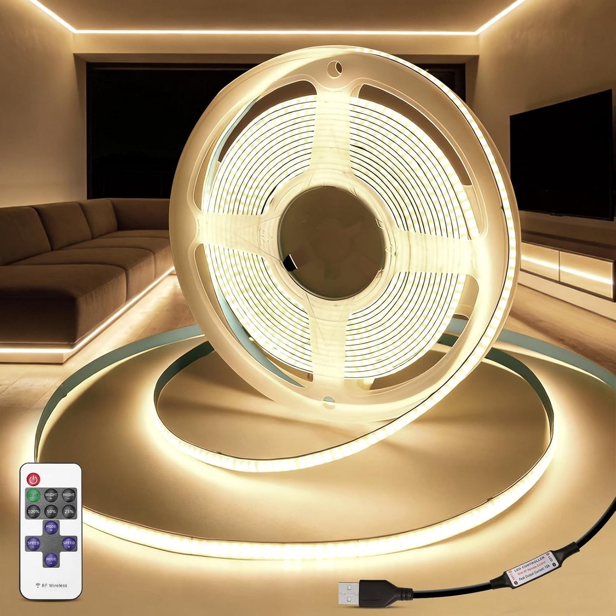 USB COB LED-strip 2M dimbare LED-stripverlichting met afstandsbediening, 5V zelfklevende lichtband neutraal wit 4000K lichtband tv-verlichting achtergrondverlichting voor keuken woonkamer
