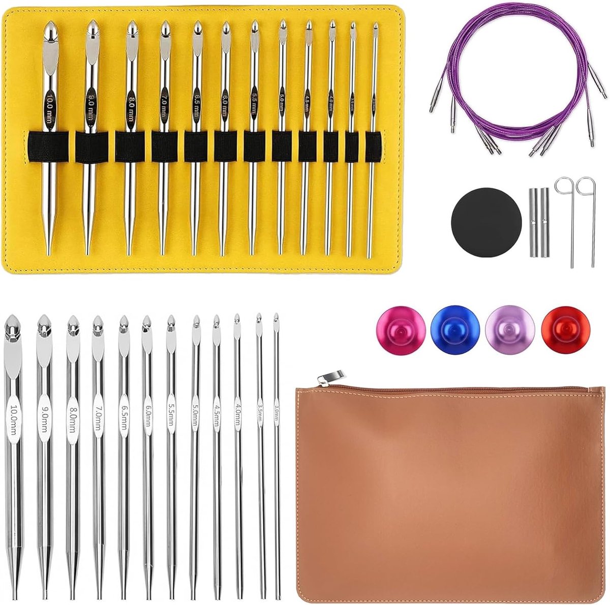 Haaknaaldenset met kabel, 26-delig, 3–10 mm, | 15,2 cm lange verwisselbare haaknaalden van vernikkeld aluminium, ergonomisch, inclusief opbergtasje, voor beginners
