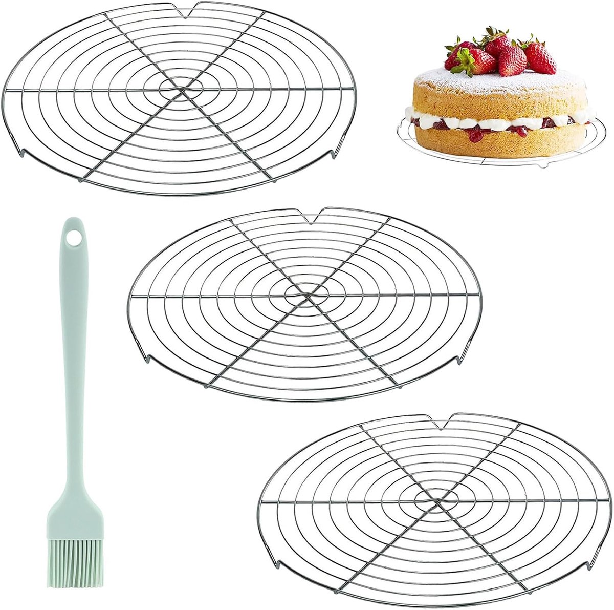 koelrooster, 3 stuks 32 cm koelrooster met 1 stuk siliconen borstel, rond taartrooster, roestvrij staal taartrooster, koelrooster, keukenaccessoires, voor koelen, bakken