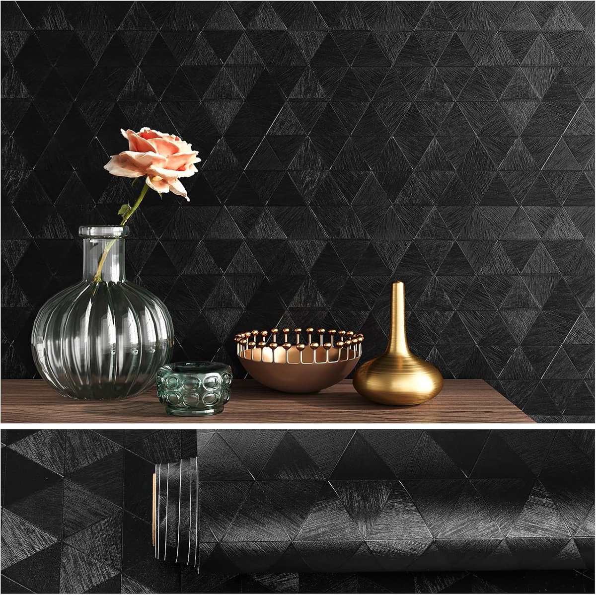 Behang, zelfklevend behang, zwart behang, geometrische patronen, driehoekig, 40 cm x 300 cm, fotobehang, slaapkamer, woonkamer, patroonbehang, badkamer