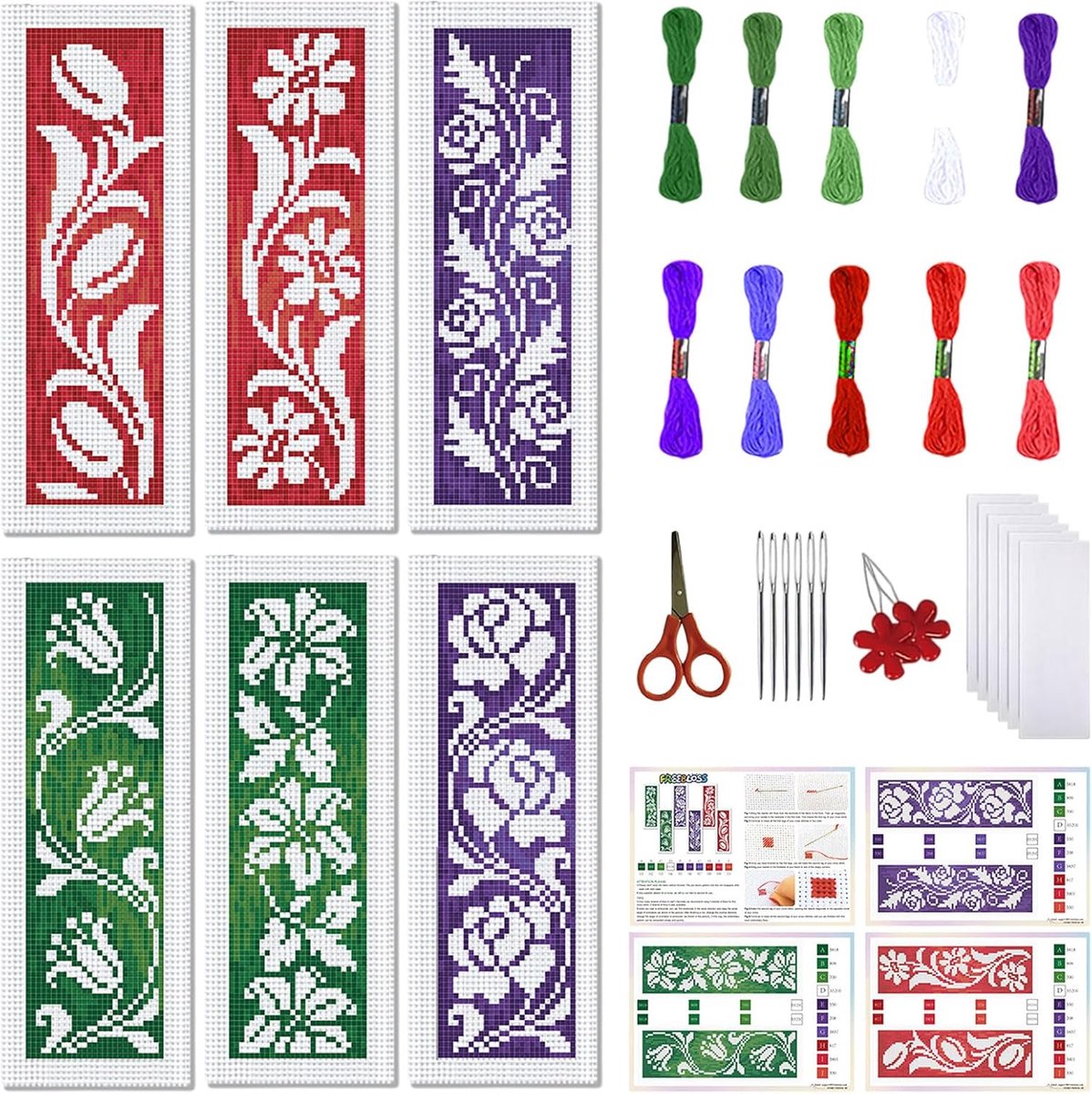 6 Set Kruissteek Bladwijzer Kit Gestempeld Kruissteek Kit Holle Bloemen Thema Borduurwerk Set met Instructie voor Volwassenen 8''*2.4''
