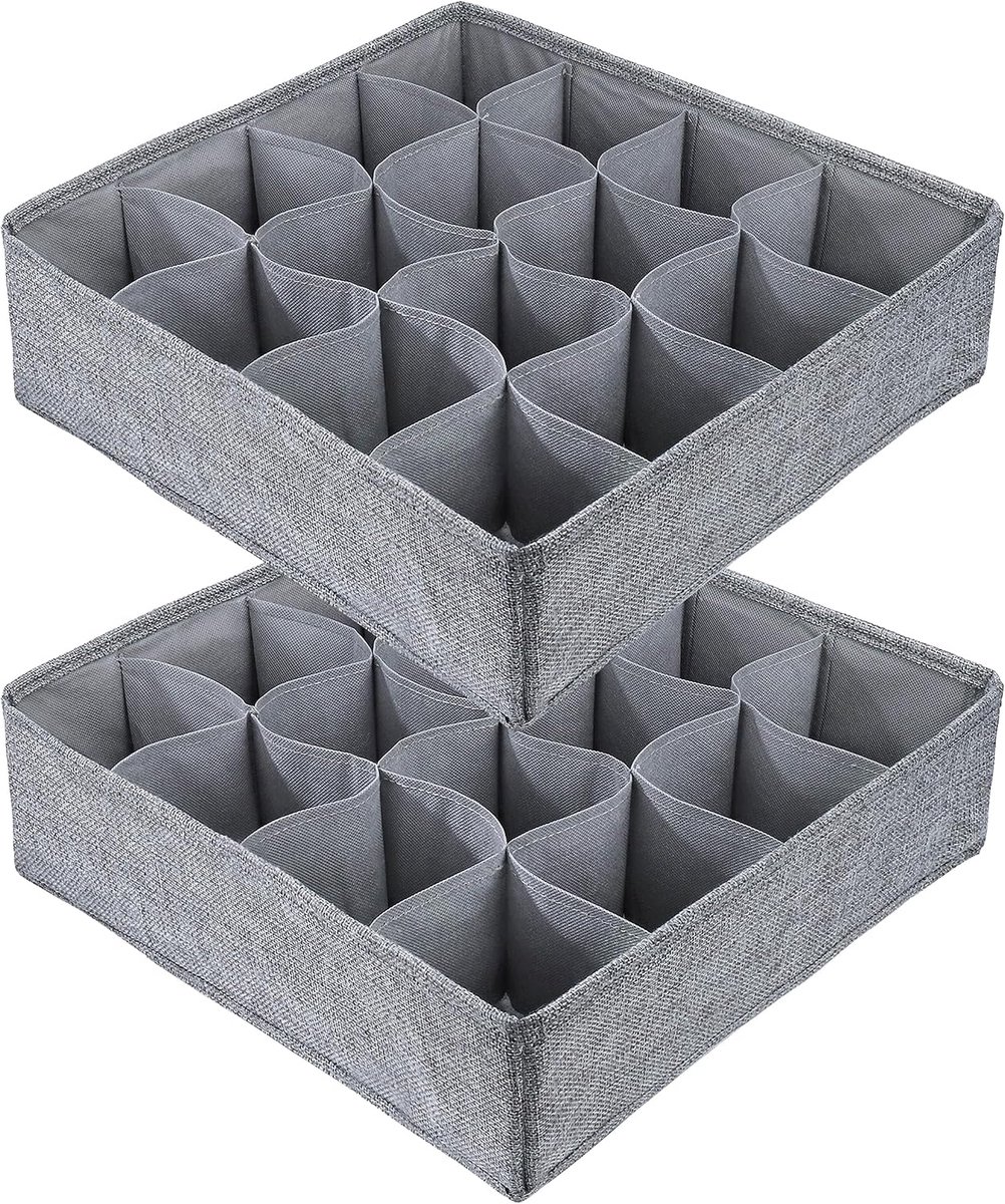 Lade-organizer voor ondergoed, 2 stuks, 16 cellen, opvouwbaar, scheidingswanden voor sokken, opbergdozen van stof voor kasten, riemen, stropdassen, beha's (grijs)