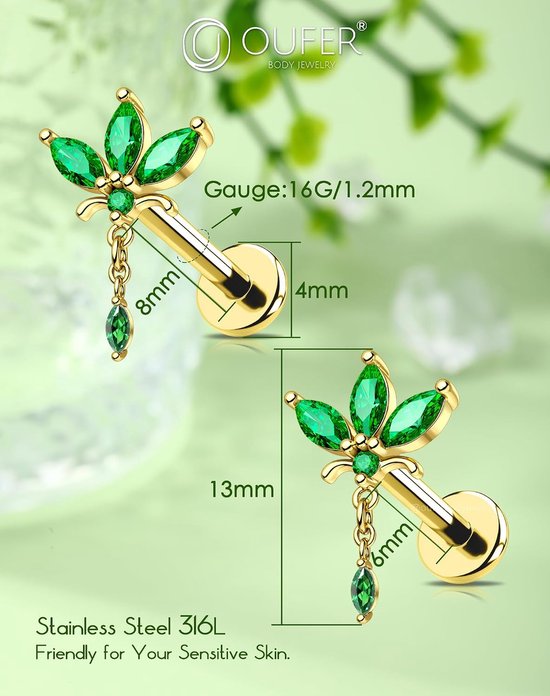 16G gouden bloem conch piercing threadless earring chirurgisch staal 316L kraakbeen oorpiercing groen dangle marquise CZ helix tragus sieraden voor vrouwen 6/8 mm lip stud — afbeelding 2