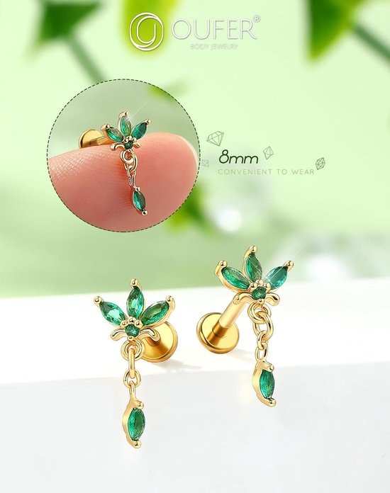 16G gouden bloem conch piercing threadless earring chirurgisch staal 316L kraakbeen oorpiercing groen dangle marquise CZ helix tragus sieraden voor vrouwen 6/8 mm lip stud — afbeelding 5