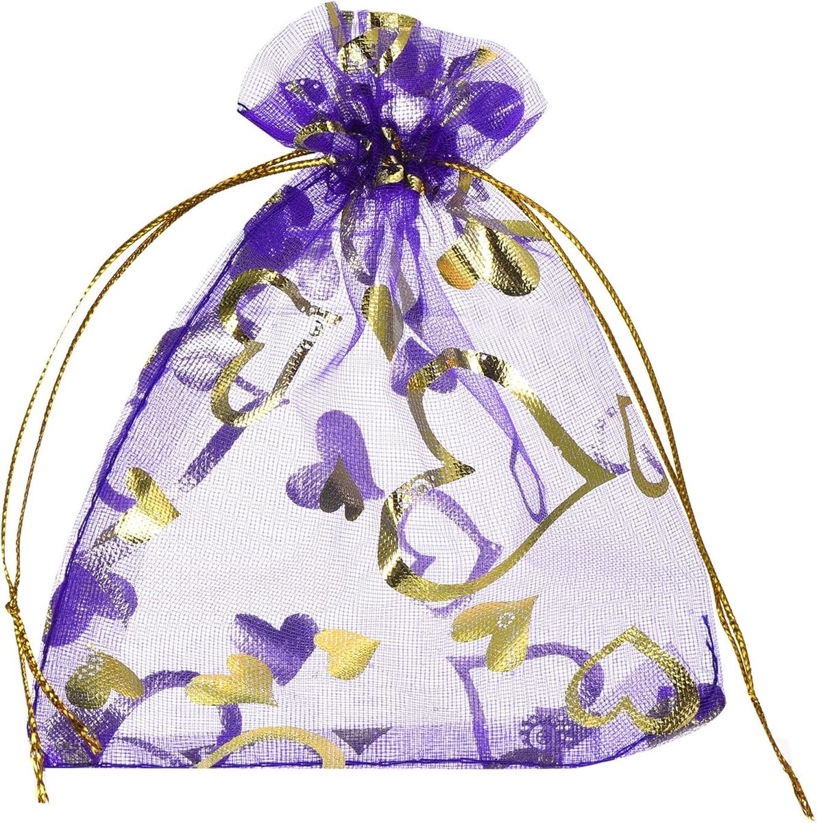 50 stuks Organzazakjes, 10 x 15 cm, geschenkzakjes met hartpatroon, mesh zakje met trekkoord, organza zakje voor bruiloft, feest, snoep, lichtviolet-goud
