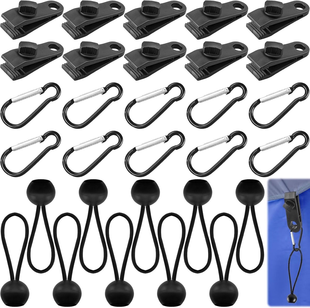 10 clips voor zonnezeil met elastische touwen, bal en karabijnhaak, multifunctionele klem voor buiten, robuuste luifels en dekzeilen, voor camping, caravan, tenten