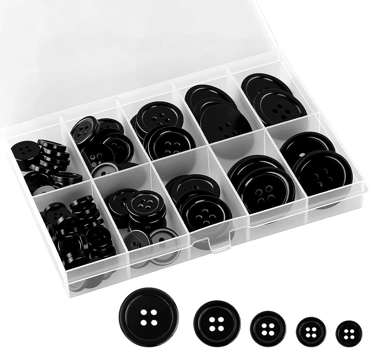 Knopen met 4 gaten, zwart, 10/12,5/15/20/25 mm, rond, harsknopen om te naaien, kunststof knopen met opbergdoos voor mantel, hemd, kleding, naaien, handwerk, scrapbooking, doe-het-zelf