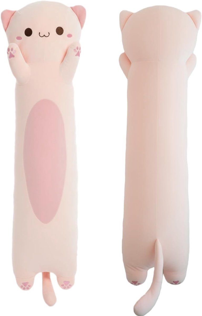 zacht lang kattenkussen, pluche kussen, schattig kittenspeelgoed, pluche dier, knuffelkussen voor kinderen, jongens en meisjes, kamerdecoratie (roze, ronde ogen, 60 cm)