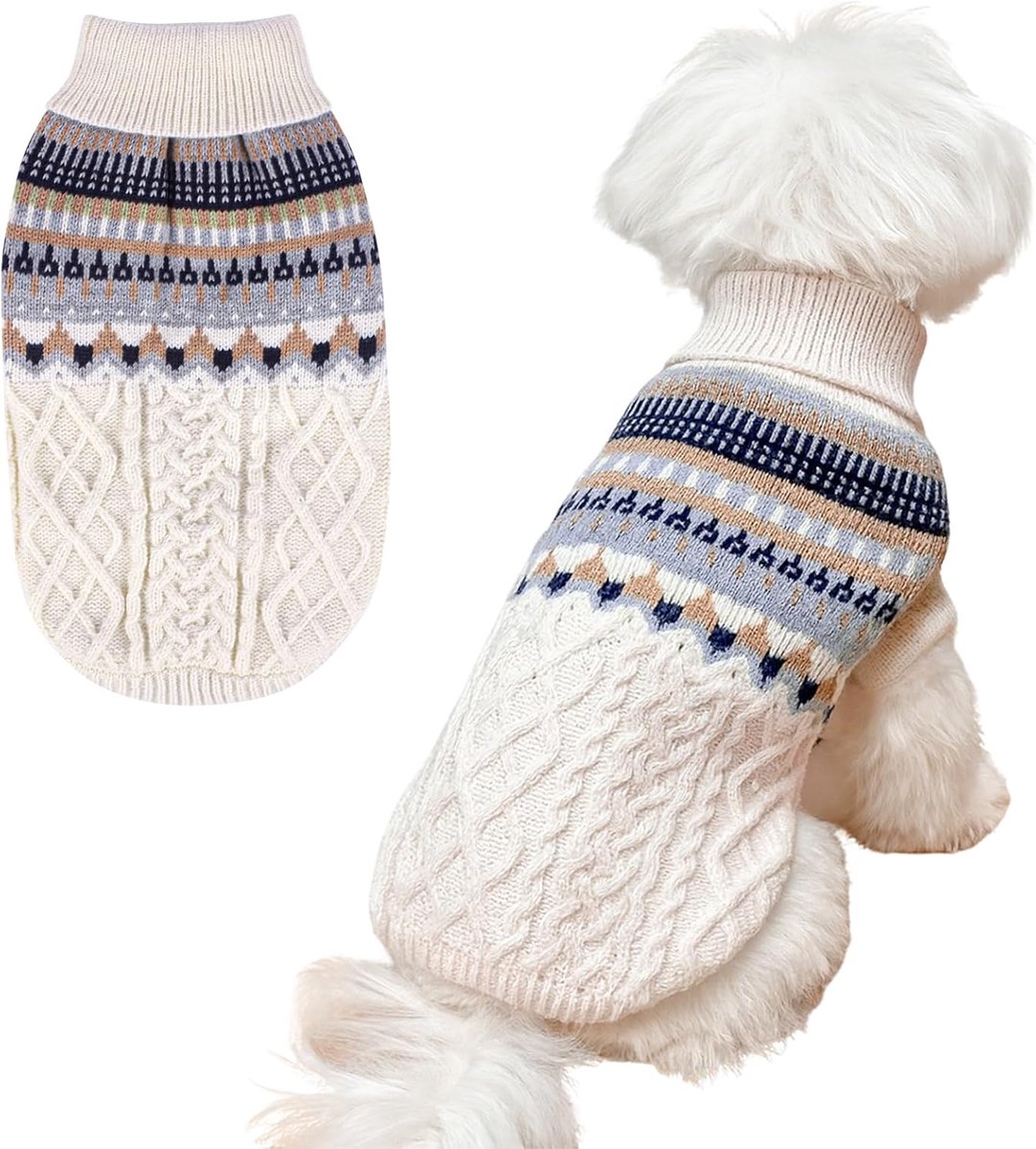 Gebreide Hond Trui Rolkraag voor Katten en Honden Koud Weer Vintage Kabel Dik Warm Winter Kleding Acryl Beige M voor X Kleine tot Medium Honden Pug Dashond Yorkie (Beige, Large)
