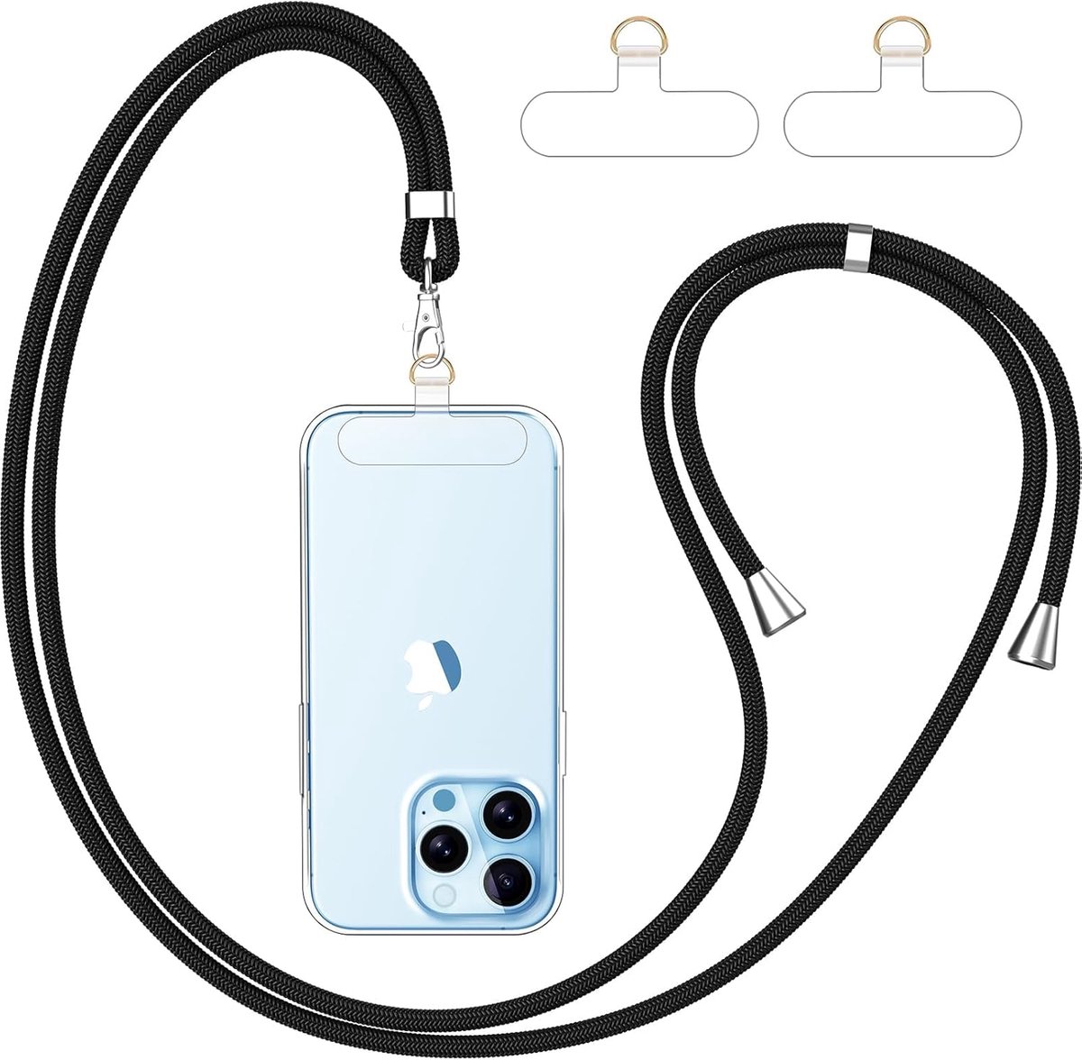 caslord telefoonkoord*1, transparante universele patch*2, geschikt voor alle smartphones, telefoonkoord te combineren met elk hoesje, verstelbaar en afneembaar, Zwart + Transparant