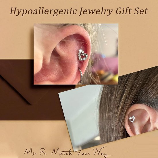 4 paar Flat Back oorbellen voor dames - 20G 8 mm roestvrij staal push-in neuspiercing met hart, bloemen en vlinders zirkonia voor helix, tragus, conch en daith piercing sieraden — afbeelding 5