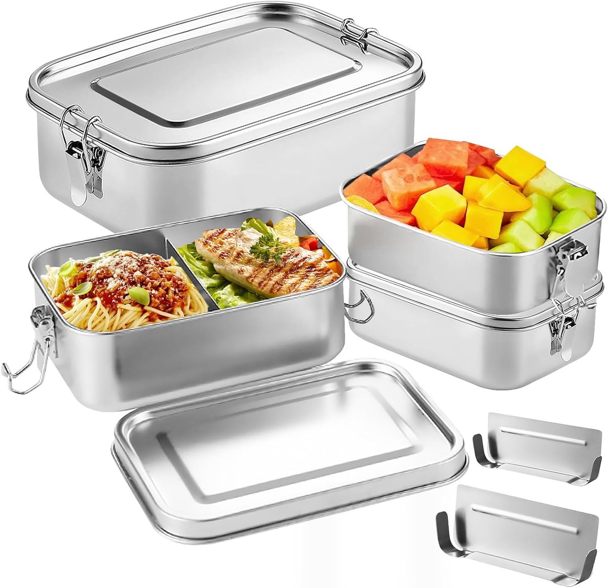 Lunchbox van roestvrij staal, 500 ml + 500 ml + 800 ml + 1400 ml Bento boxen van roestvrij staal, met 800 ml + 1400 ml vakken, voor salade, volwassenen, brood, lunch