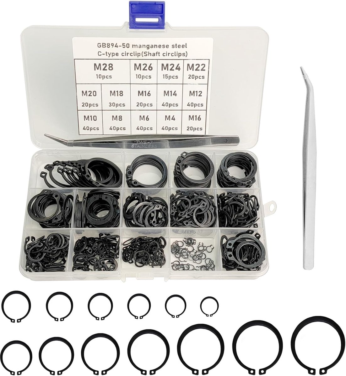 385 stuks borgringset Zwart, sprongring assortiment van koolstofstaal, 13 maten M4-M28, C-clip externe circlip lager vastzetclip snapring met pincet & kunststof doos voor welvingen