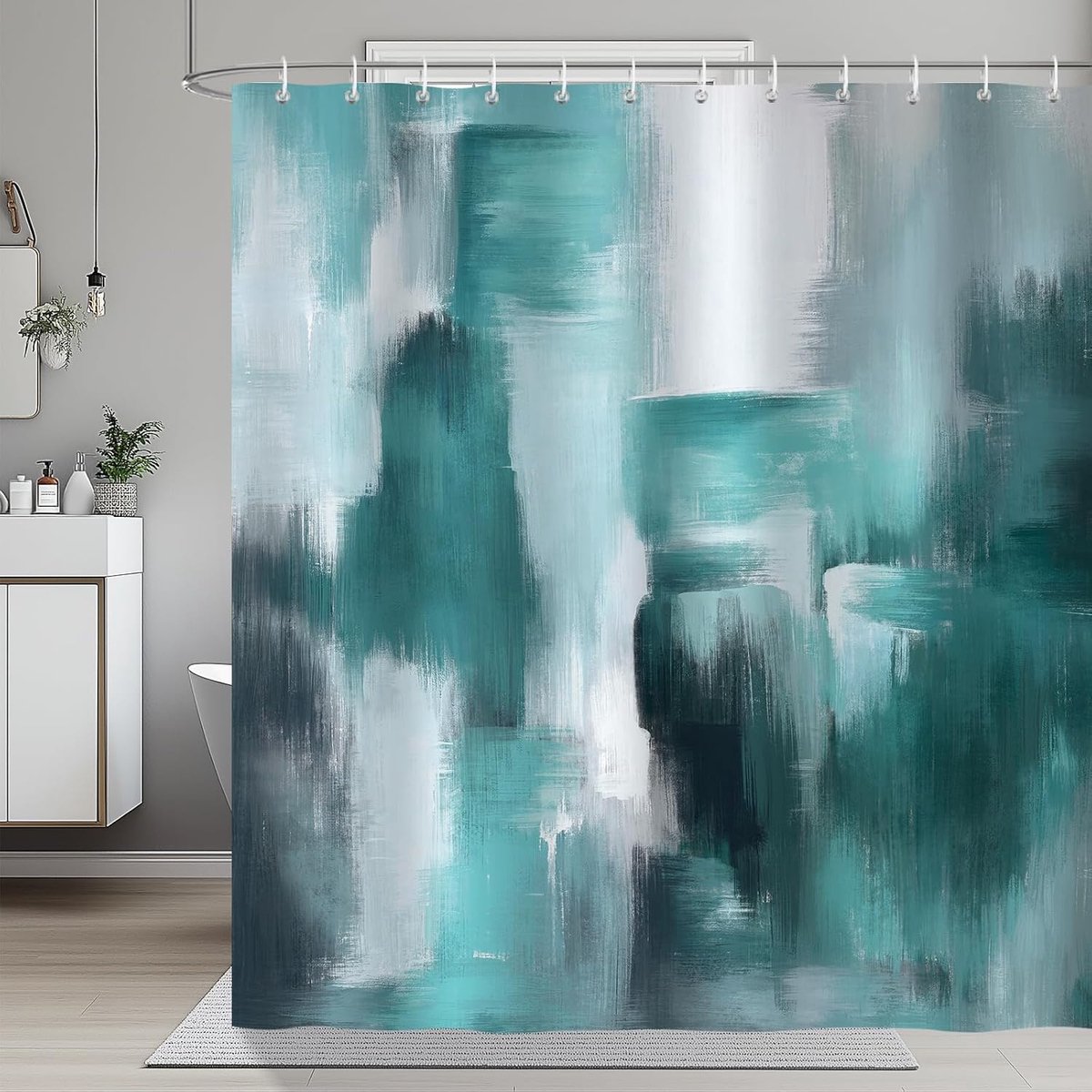 Douchegordijn, 183 x 183 cm, turquoise, abstract, modern, geometrisch, blauwgroen, schimmelwerend, waterdicht, polyester stof, badgordijn met 12 douchegordijnringen