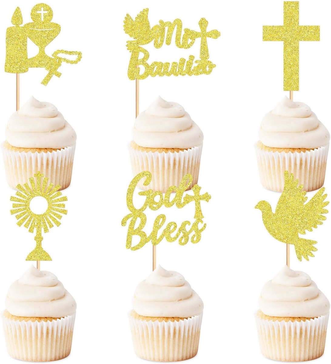 24 stuks eerste communie taarttoppers, toppers, taartkruis, decoratie, glitter, duif, heilig kruis, decoratie, communie, eerste communie, doop, vormsel, verjaardag, bruiloft