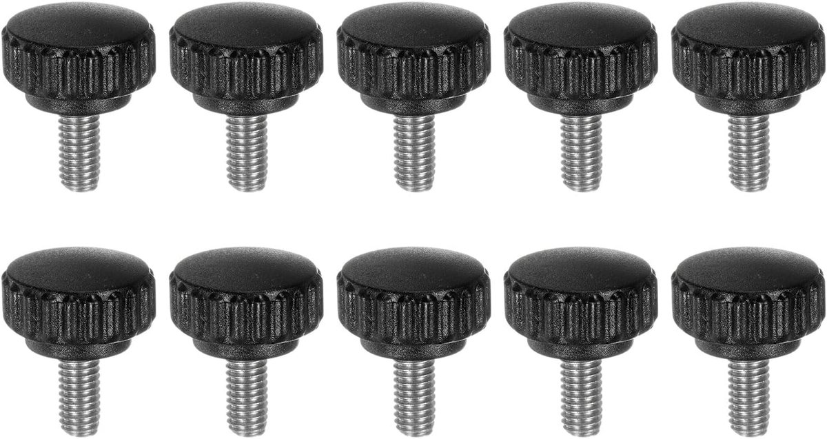 10 stuks gekartelde spanknoppen, duimschroeven, M6 x 12 mm, metrische schroefdraad, 22 mm matte kunststof kop, 304 roestvrij staal, stud, handschroefdraad, duimschroefgreep, zwart