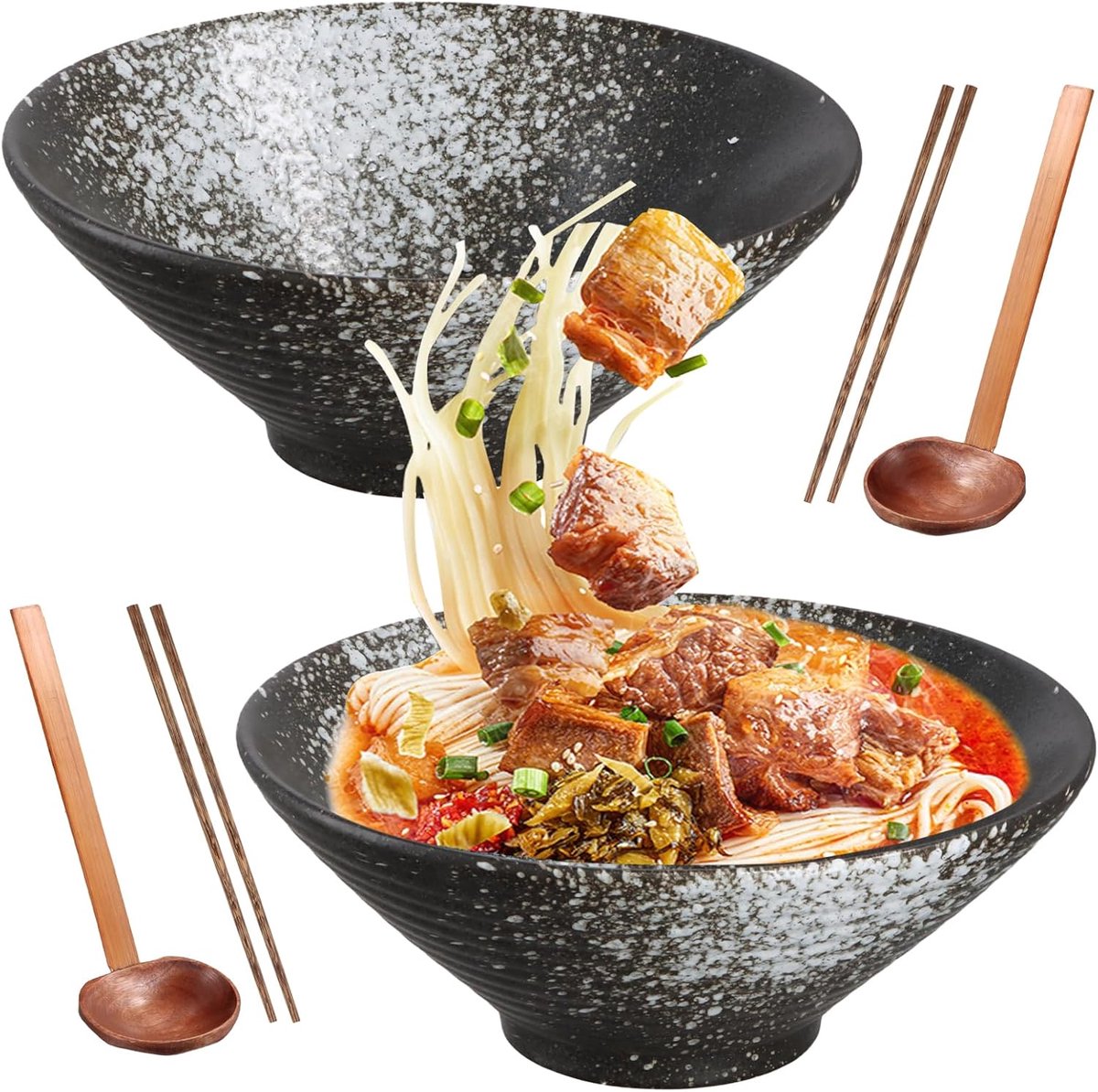 2 sets Ramenschalen van keramiek met eetstokjes en lepels, 2×1000ml Ramen schaal keramiek set, soepkommen, roerschalen, soepkom voor noedels, granen, salades (Wit)