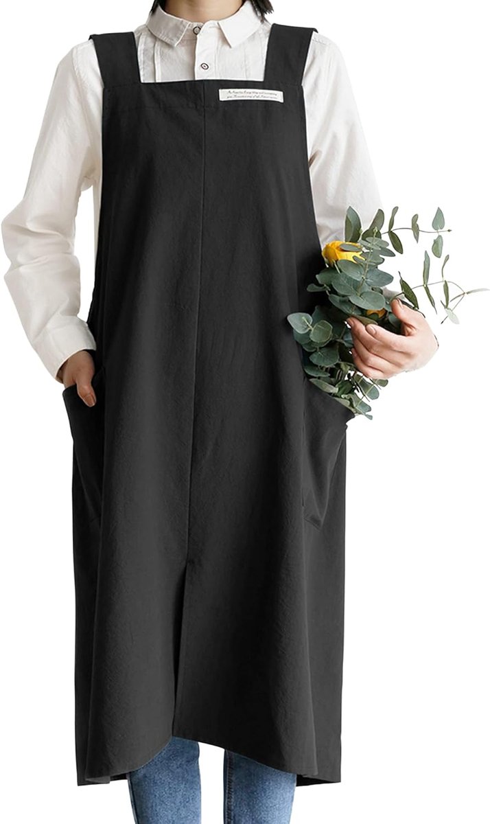 Linnen Schort Japanse Stijl Crossback Damesschort met Zakken Effen Kleur Literatuur Kunst Casual Schort voor Vrouwen Mannen Keuken Café Bloemenwinkel Plus Maat
