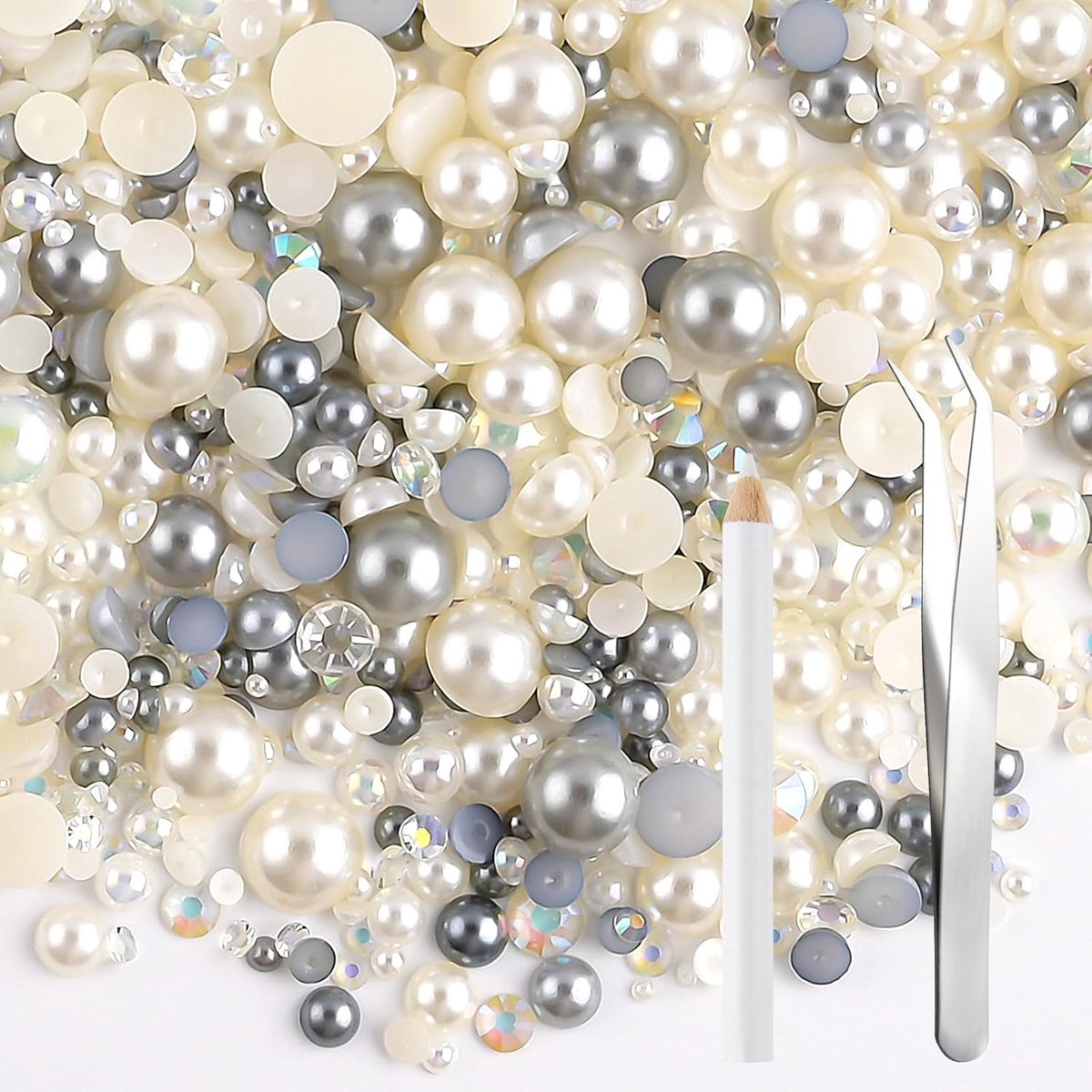 60g parelsmix en strass-steentjes voor knutselwerk – Platrug-strass-steentjes, halfronde parels, maatmix 3mm-10mm – Voor DIY-nageldesign, schoenen, kleding, tumblers & mokken (zilver wit)