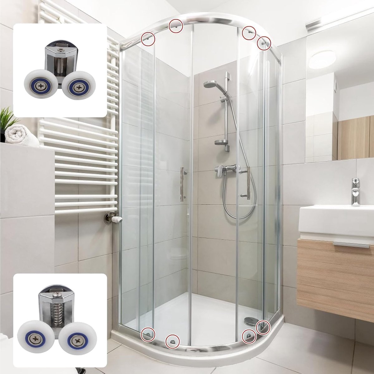 4 rollen voor douchecabinedeur met dubbele schuifdeur, rollen diameter 25 mm, voor glas 4-6 mm (4 sets - 25 mm)