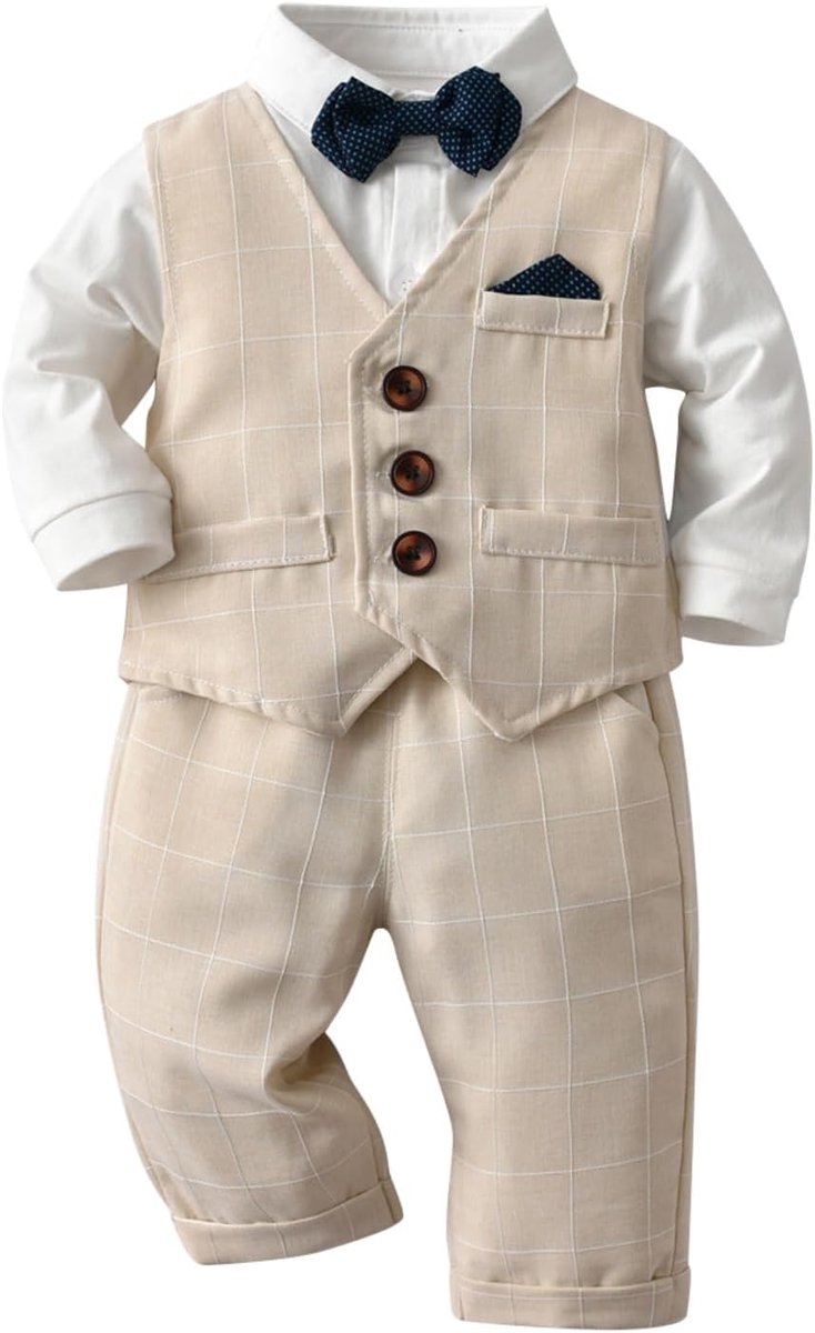 Kostuum voor baby's, formeel gilet voor peuters, bruiloftsoutfit met shirts + gilet + vlinderdas, 4-delige set