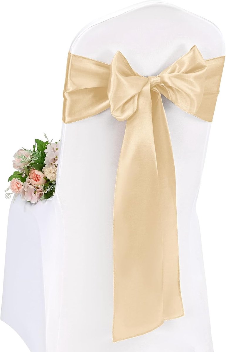 100 stuks champagne-stoelsjerpen, satijnen stoelhoezen voor stoelen, 17 x 275 cm, stoelsjerpen, strik, rugbinding, lint voor bruiloftsfeest, hoteldecoraties (17 x 275 cm)
