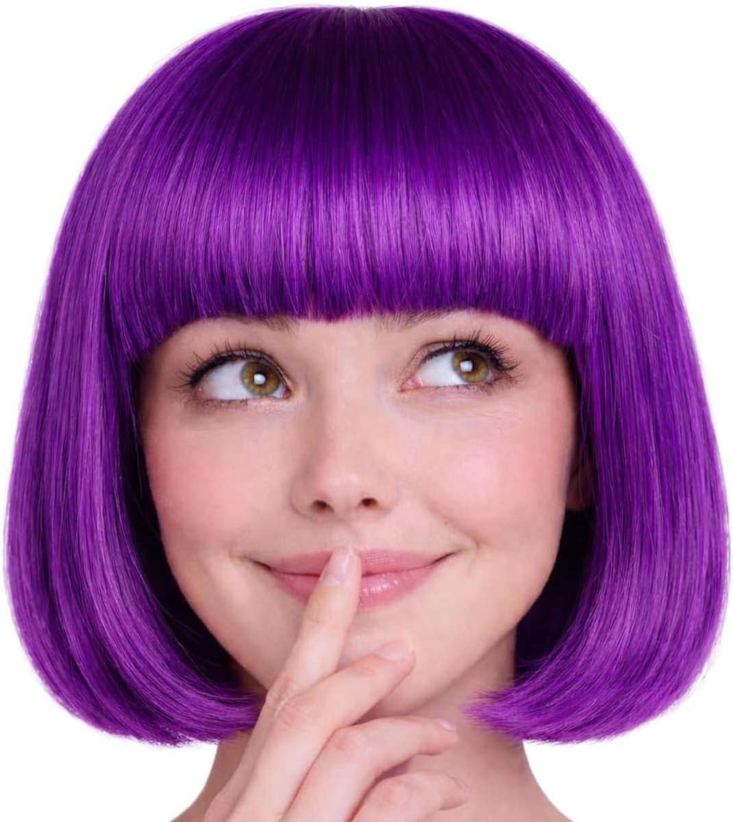 Bob pruik paars, Charleston-pruik voor dames en heren, kostuumaccessoire voor carnaval en Halloween, 100% polyester