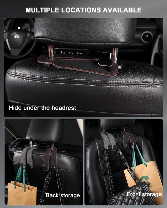 autohaken, 2 stuks, autostoel, dubbele haak, rughaak, universeel, achterbank, hoofdsteun, autohaakhouder voor boodschappentassen, handtassen, auto-accessoires, interieur, haken, — afbeelding 2