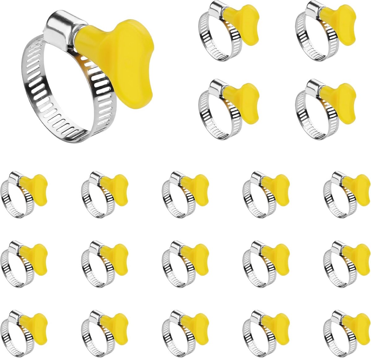 20 stuks roestvrijstalen keelband, 15 mm-30 mm, verstelbare sleutel-type bandslangklem, assortimentskit, met plastic handvat voor het bevestigen van de slang