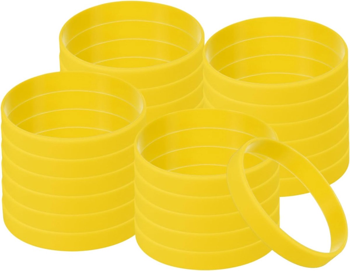 Siliconen armbanden, verpakking van 100 gekleurde rubberen polsbandjes, blanco stretchsportbanden voor volwassenen, tieners, sportteamspellen, geel
