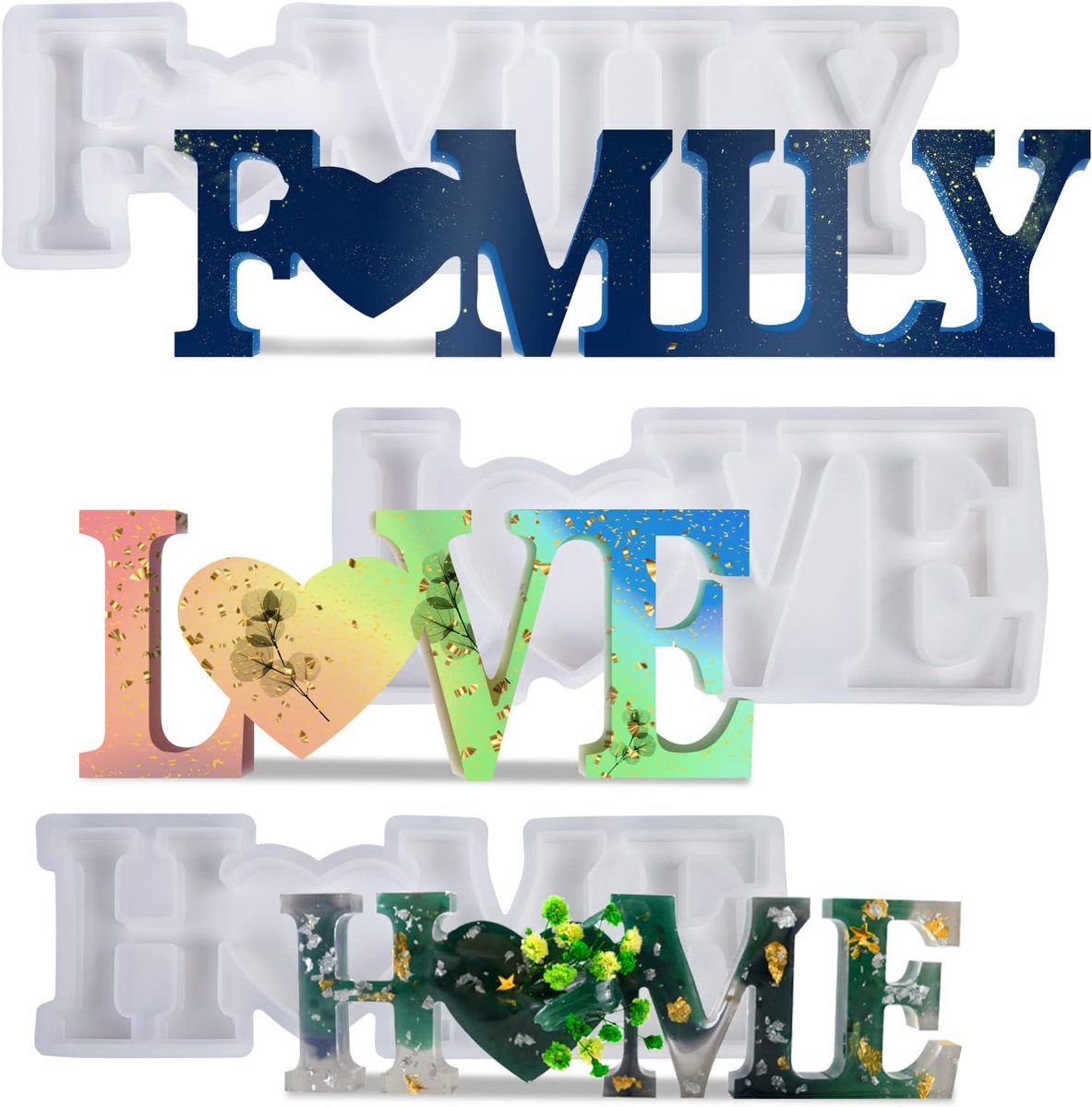 3 stuks epoxyhars mallen letterset, hars giethars siliconen mal kit 3D hars gietvormen set 3D siliconen vorm Love Home Family Live, voor doe-het-zelf sieraden, woondecoratie en tafeldecoratie