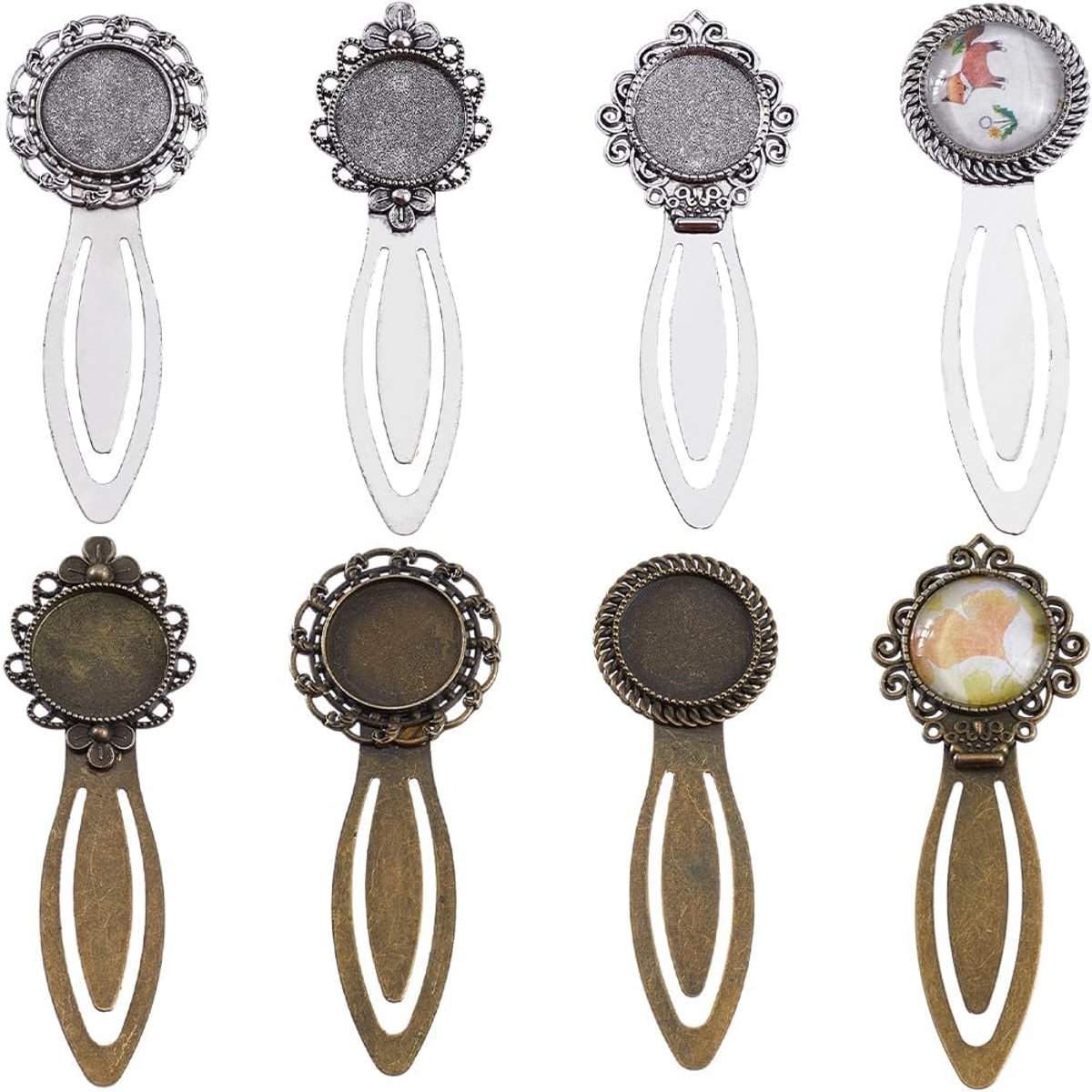 1 Doos 16Pcs DIY 8 Sets Vintage Bladwijzer Metalen Antiek Brons Zilver Bladwijzer Bezel Lade Cabochon Bladwijzers Maken Kit Glas Cabochons Boek Mark Blanks Bladwijzer Bezels voor Volwassenen