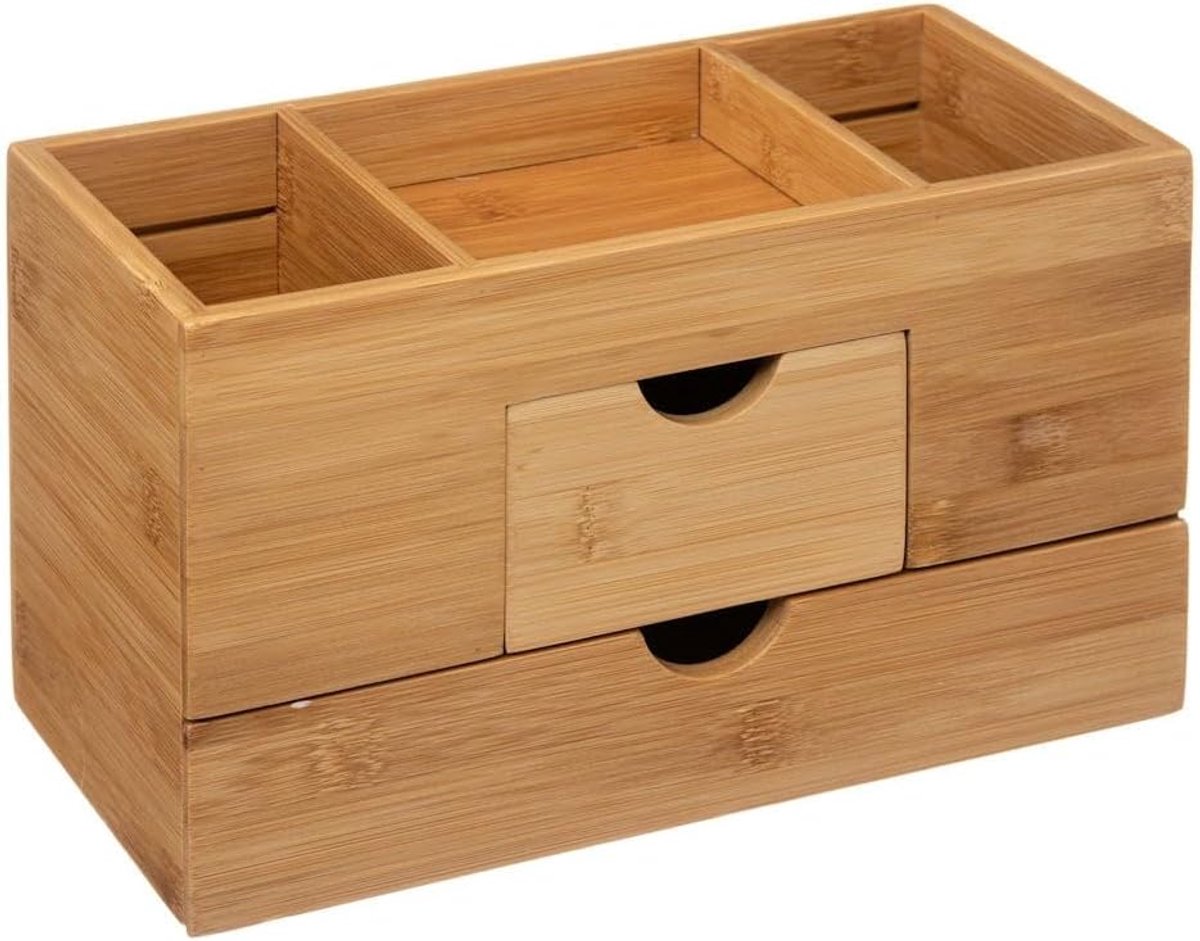 Make up Organizer met 3 Vakken & 2 Schuif Laden - Bamboe Hout - Make-up Organizer - Sieraden Cosmetica Opbergsysteem