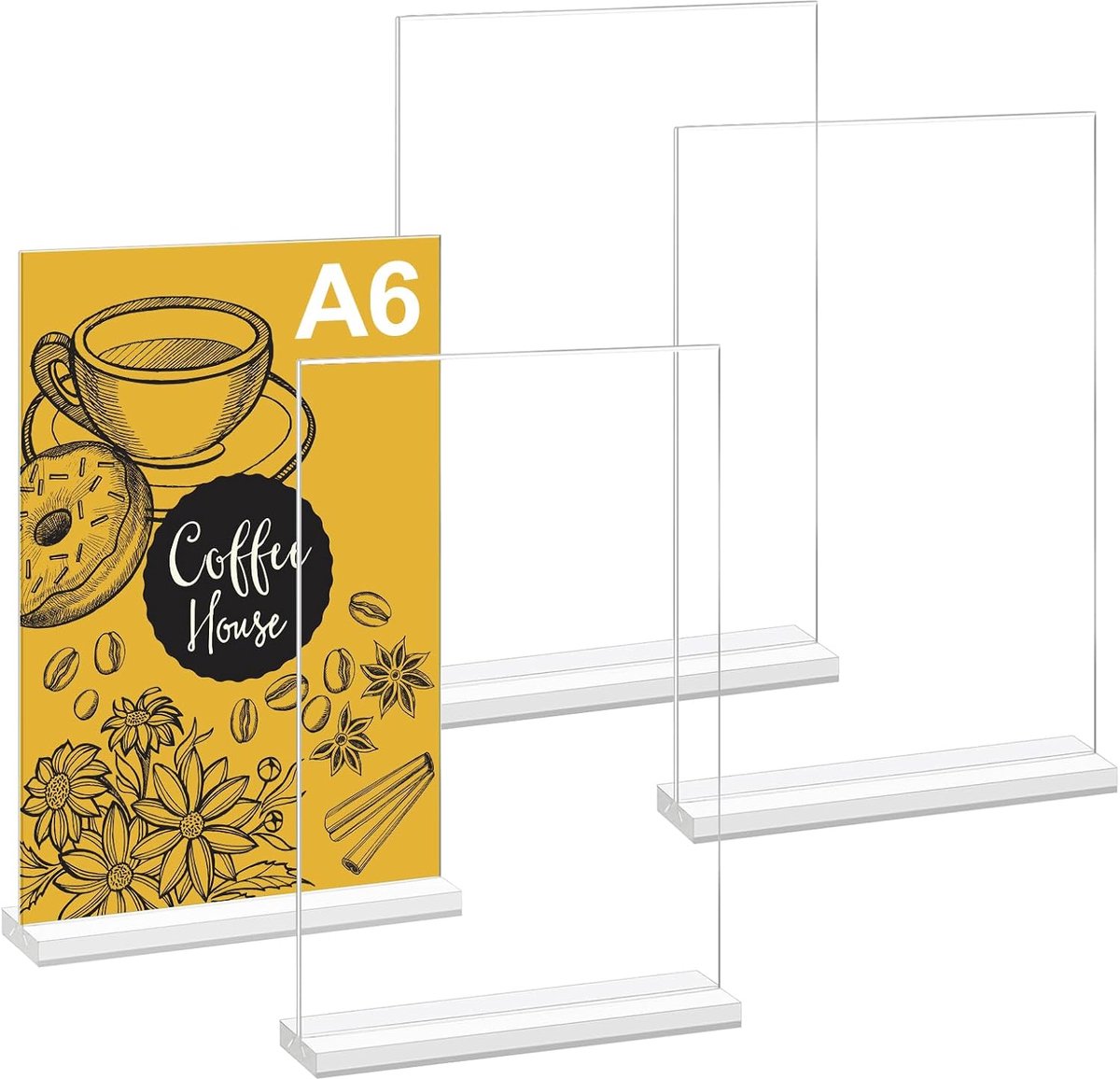 Set van 4 staanders A6, acryl tafelstandaard met afneembare basis, tafelkaarthouder, T-standaard, acryl reclamestandaard A6 voor dubbelzijdige presentatie, bordhouder A6 voor kantoor, restaurant, café