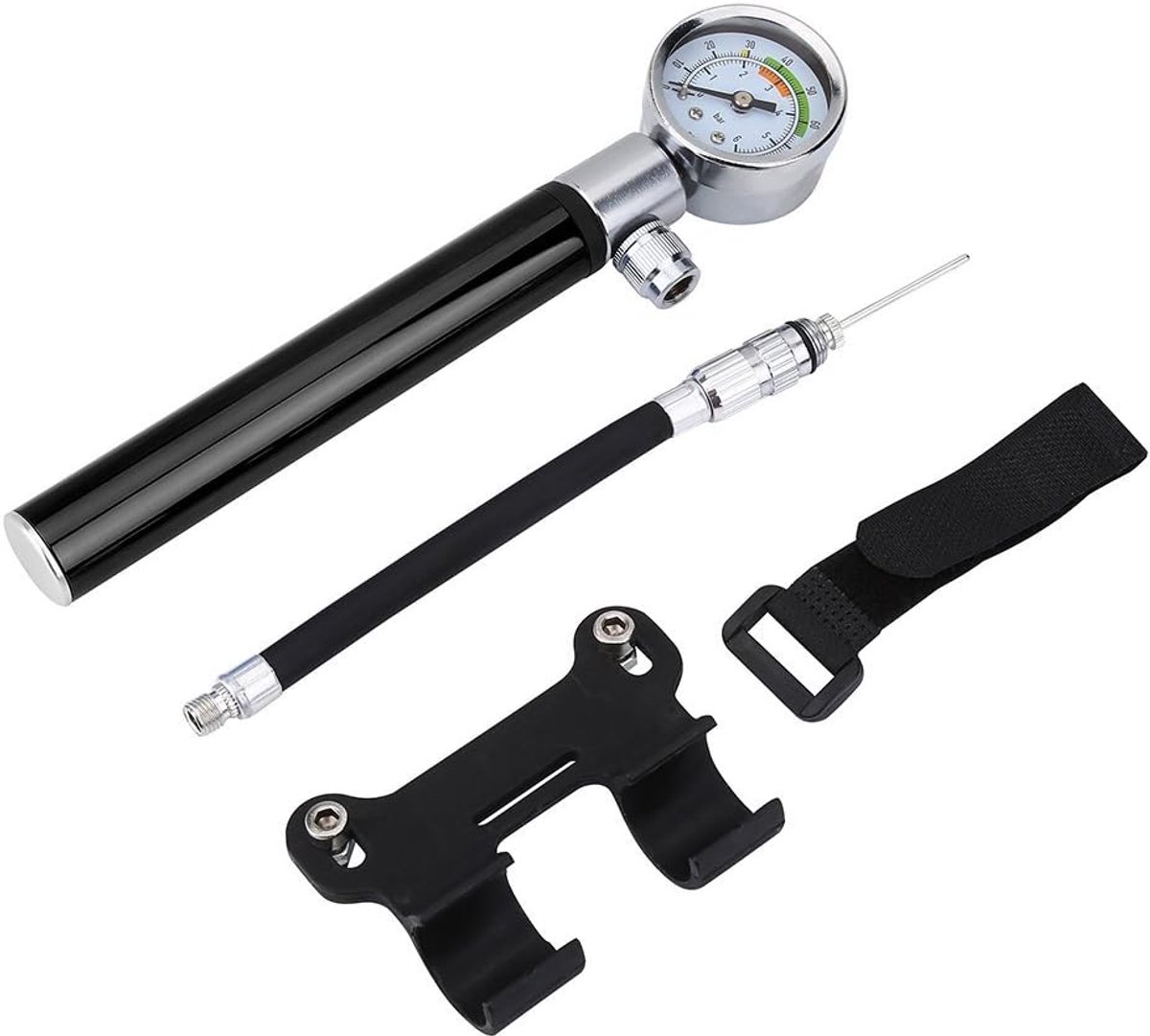 Mini-fietspomp, kleine fietspomp met manometer, 88 psi, houder voor alle ventielen en racefietsen (zwart)