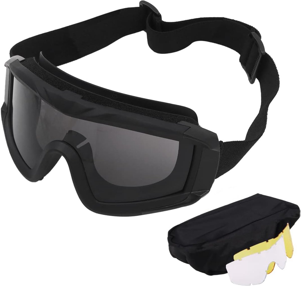 outdoorsport, schietbril, uv-bescherming, anti-condens, met 3 paar reserveglazen voor paintball, paardrijden, schieten, jacht, fietsen, zwart