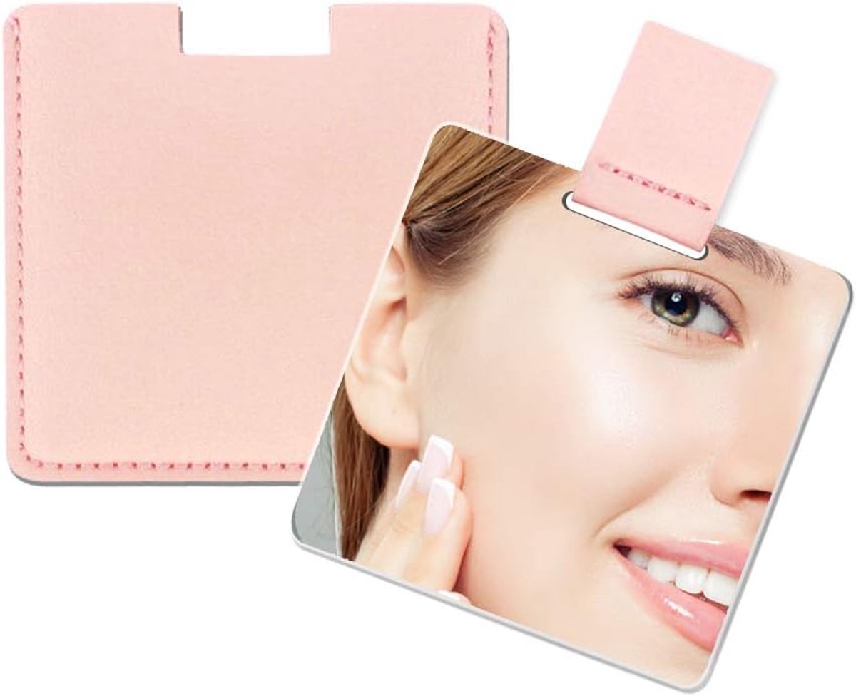 zakspiegel, onbreekbaar roestvrij staal, met PU-lederen tas, gemakkelijk te dragen, licht en geschikt voor make-up, kamperen, reizen (roze)