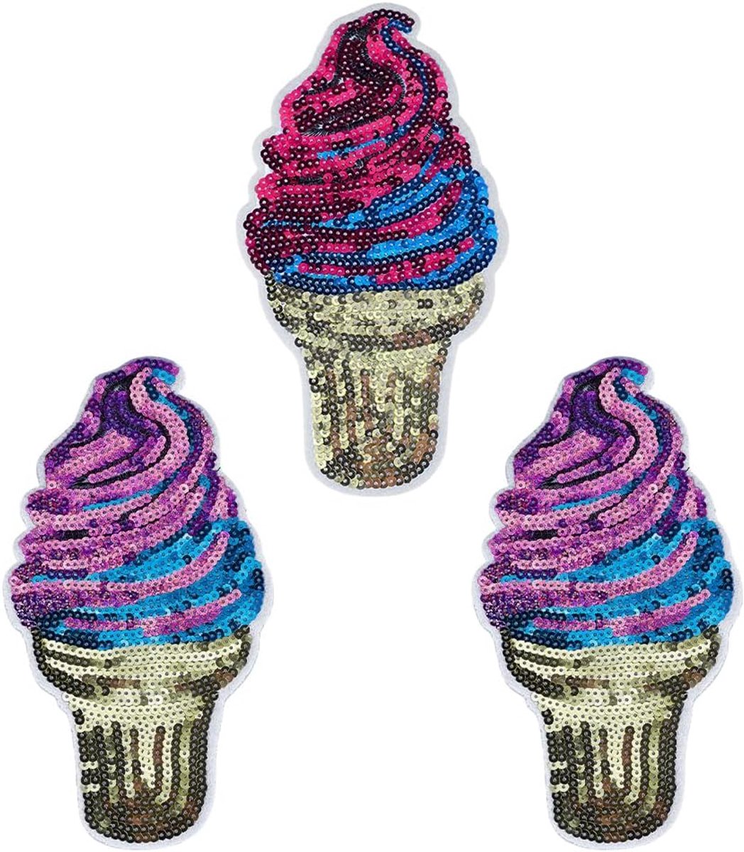 3 STKS 3 Kleuren Ice Cream Lovertjes Applique 12,5x23,4cm Naai op Polyester Applique Patches Glitter PVC Pailletten Patches voor Kleding, Jassen, Broeken, Rugzakken, Jurk, Hoeden,