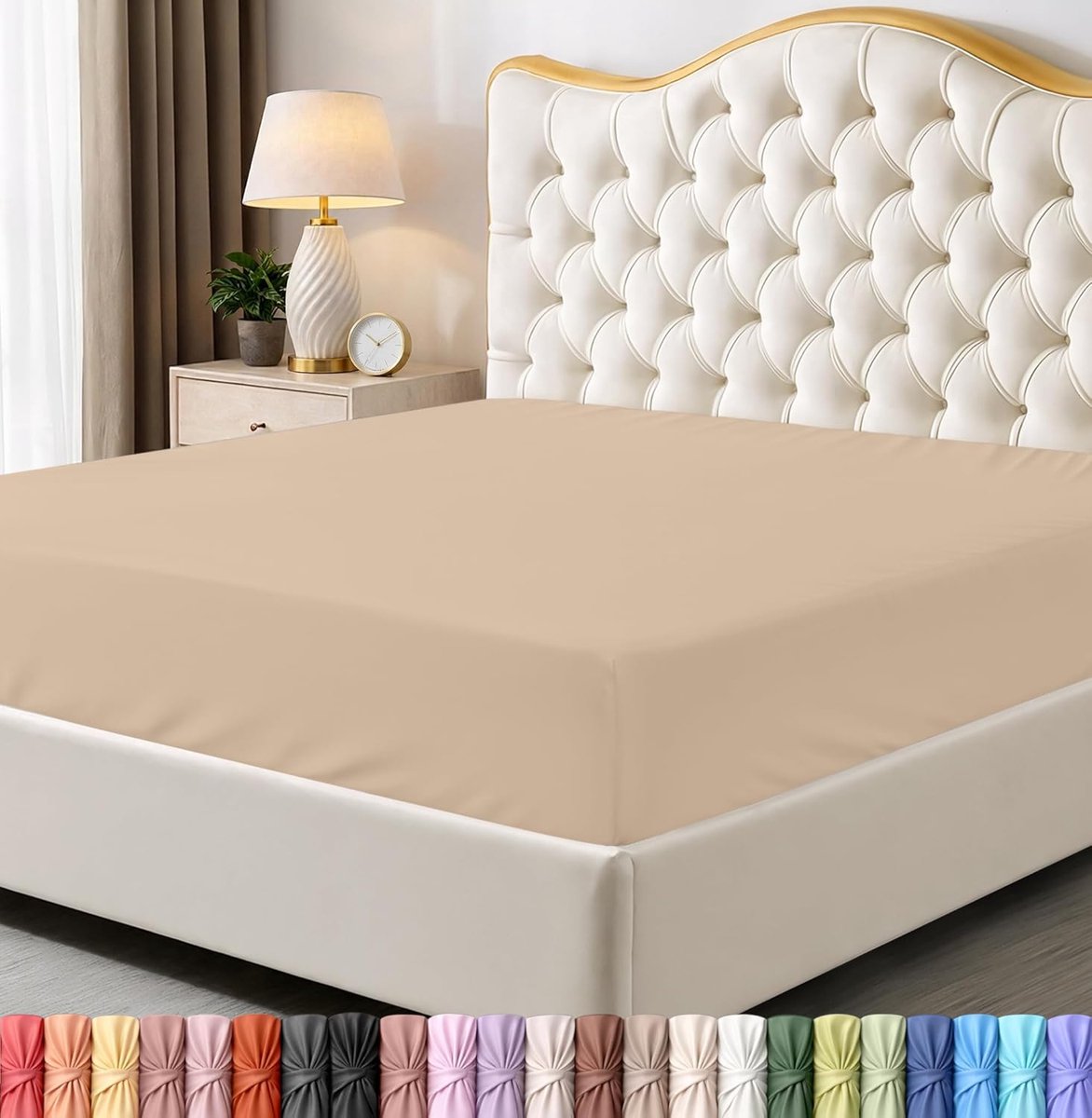 Bedding Hoeslaken, kingsize, onderlaken, ruime hoekhoogte, zachte microvezel, krimp- en vervagingsbestendig, onderhoudsvriendelijk, alleen 1 hoeslaken (beige) (Amerikaanse maat)