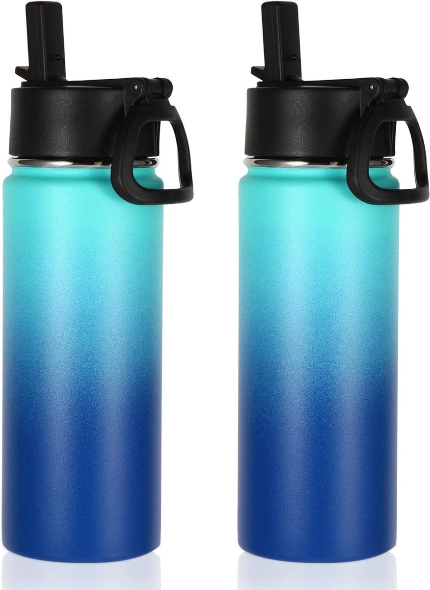Geïsoleerde roestvrijstalen waterfles, 530 ml, met rietje, herbruikbare fles, brede opening, dubbelwandige vacuüm sportfles voor koude en warme dranken (groenblauw, 2 stuks)