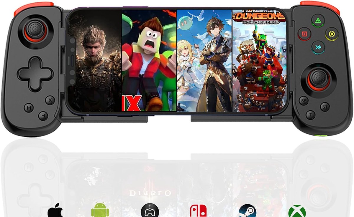 Mobiele gamingcontroller voor iPhone/Android, draadloze Bluetooth-gamepad voor iOS/Switch/PC, Stomen voor PS4/PS5, rekbare joystick, cloud gaming, RGB Light ABXY, vibratiemotor (zwart)