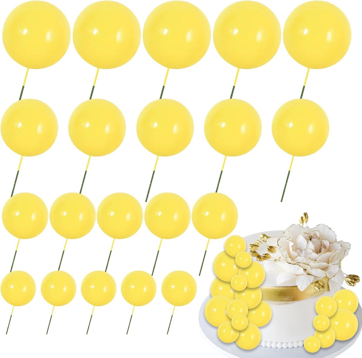 ballen, 20 stuks taarttoppers, verjaardag, bruiloftstaart, decoratie, cupcake-decoratie voor kinderverjaardag, babyshower, bruiloft (geel)