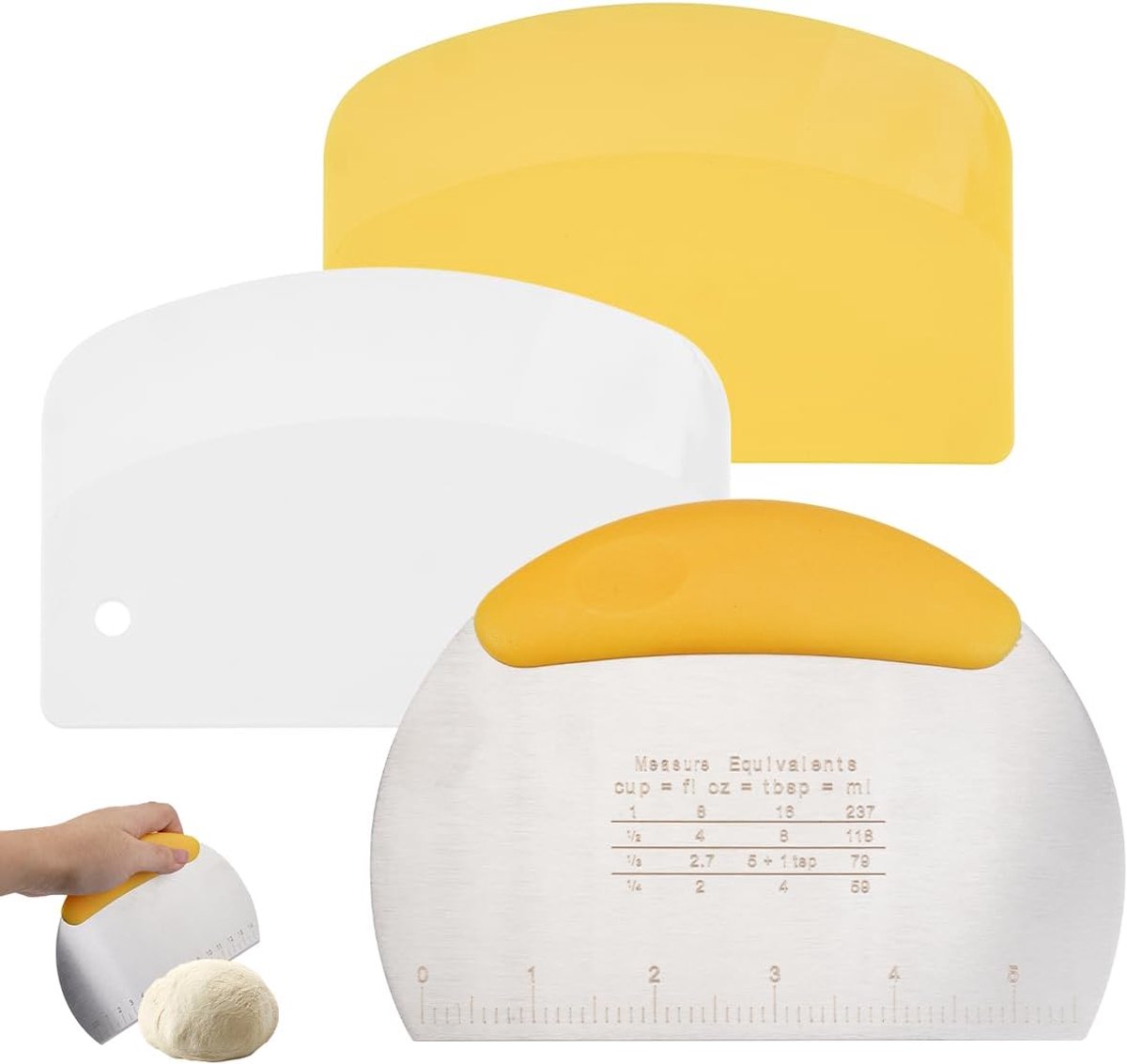 3 Stuks Deegsnijder,Deegschraper Deegkaart van Roestvrij Staal | Deegverdeler Roestvrij Staal met Anti-slip Handvat en Maatverdeling,Ideaal voor Het Snijden van Brood,Gebak,Taarten,Pizza
