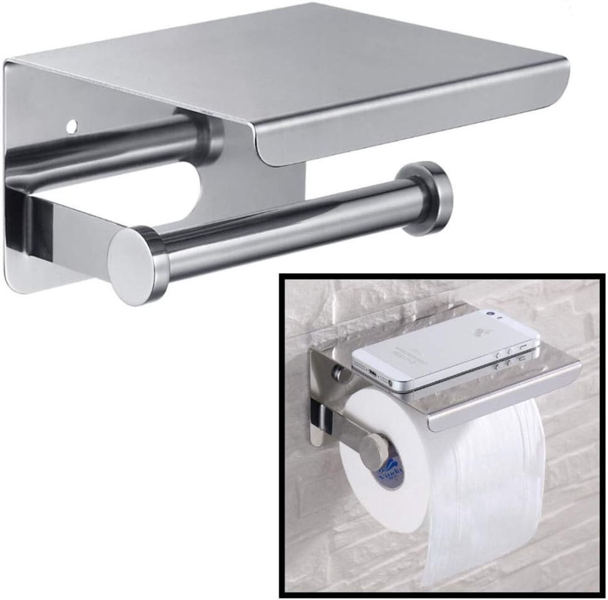 Toiletrolhouder Rvs - Toiletrolhouder met telefoonhouder/plankje - Toilet/WC papier rolhouder - Wandmodel - Zilver