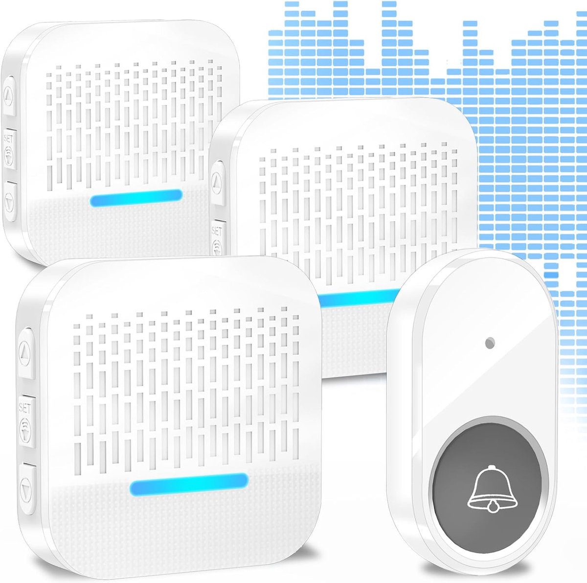 Draadloze deurbel voor buiten, waterdicht, werkt op batterijen, deurbel, draadloze set, bel voordeur, bereik 300 m, met plug-in ontvanger, 5 volumen, 55 melodieën (wit, 3 ontvangers + 1 zender)